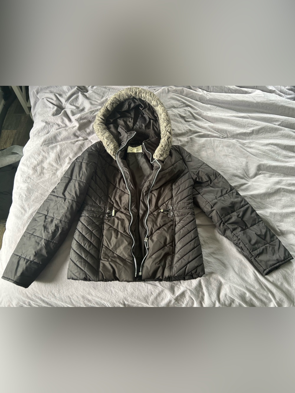 Maralyn & Me Brown Quilted Hooded Puffer with Faux-Fur Trim